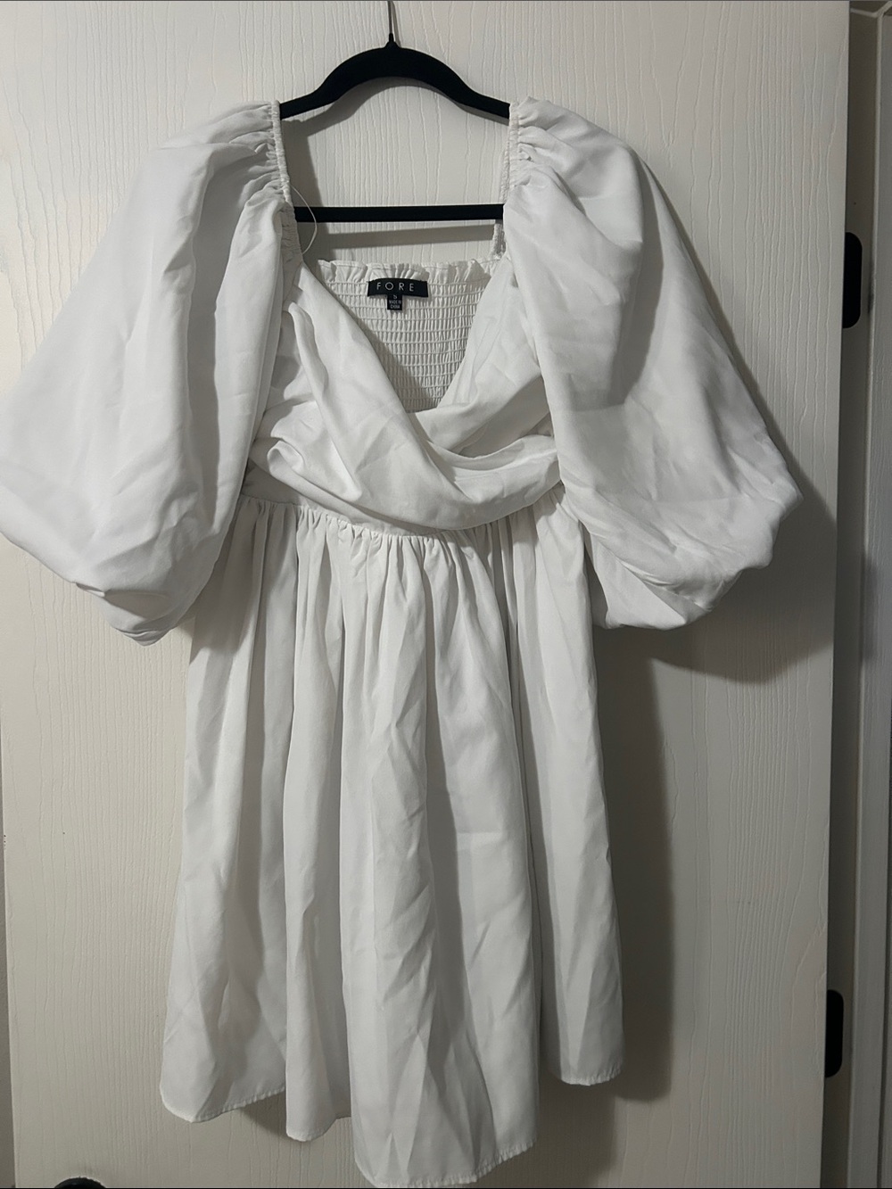 FORE White Puff-Sleeve Mini Dress with Cowl Neckline
